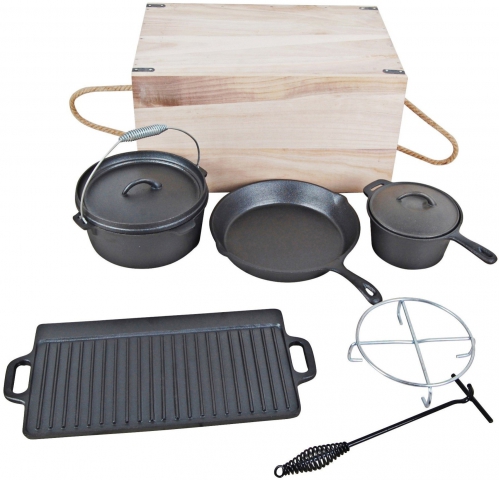 Liatinový set kotlík,hrniec,panvica,grilovacia platňa v drevenom boxe